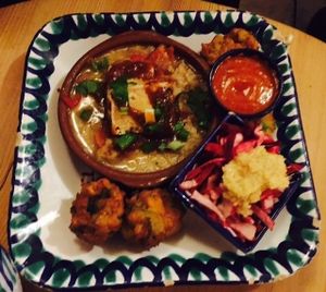 Thai curry, falafel and pink salad at El Piano in York