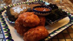 corn fritters, meat loaf and kale salad  at El Piano in York