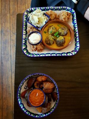 "meat"balls, garlic mushrooms, potato salad!! maths chips   at El Piano in York