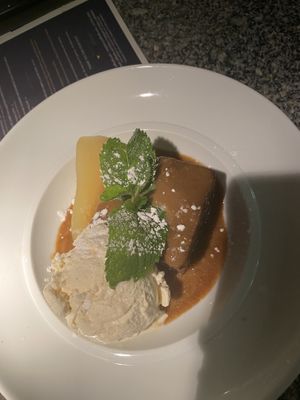 Sticky toffee pudding with pear and vegan ice cream at Zeffirellis in Ambleside