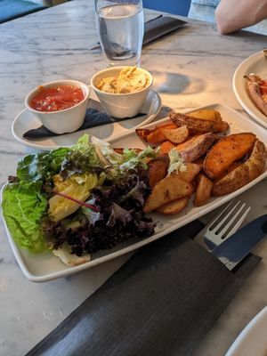 Their roasted mixed wedges with pomodoro sauce and humus at Zeffirellis in Ambleside
