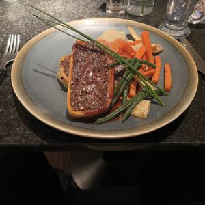 Pecan & cashew nut wellington, mashed potato, roasted veg & red wine sauce £18.75  at Zeffirellis in Ambleside