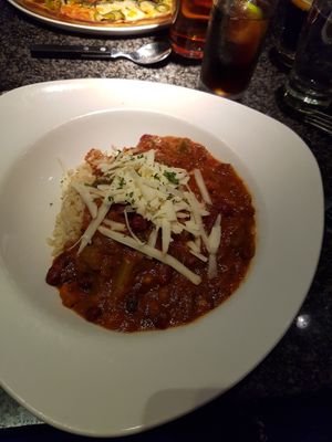 Lentil chilli with grated vegan cheese! at Zeffirellis in Ambleside