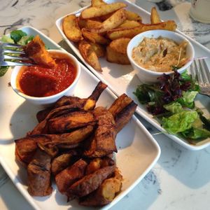 Sweet potato and potato wedges with freshly made dips at Zeffirellis in Ambleside