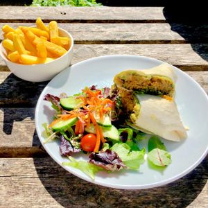 burrito and chips at The Whale Tail Cafe in Lancaster