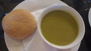 Watercress, lentil and roast garlic Soup and a bun at The Whale Tail Cafe in Lancaster