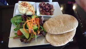 Hummus, pitta bread, olives and salad at The Whale Tail Cafe in Lancaster