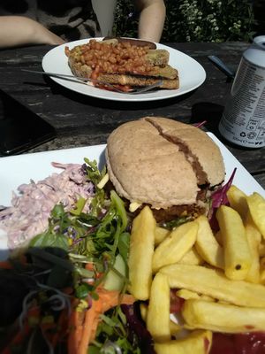 Burger, beans on toast with sausage at The Whale Tail Cafe in Lancaster