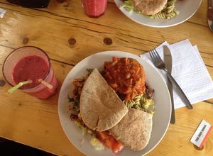 Spicy Bean Burger with sides   at The Egg Cafe in Liverpool
