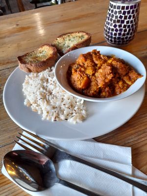 Special: Cauliflower, potato dahl and rice and gf garlic bread amazing! at The Egg Cafe in Liverpool