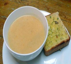 vegan soup of the day and garlic bread at The Egg Cafe in Liverpool