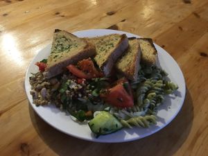 Garlic bread and salad at The Egg Cafe in Liverpool