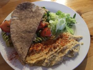 Pita and Hummus with salad at The Egg Cafe in Liverpool