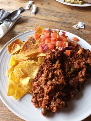 Chilli sin carne and nachos at The Egg Cafe in Liverpool