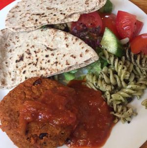 spicy bean burger, salad, pasta and pitta!!  at The Egg Cafe in Liverpool
