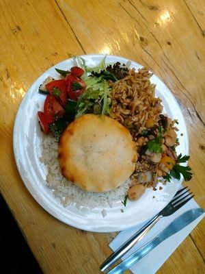 spinach & chickpea pie with salad & rice (vegan, gf) at The Egg Cafe in Liverpool
