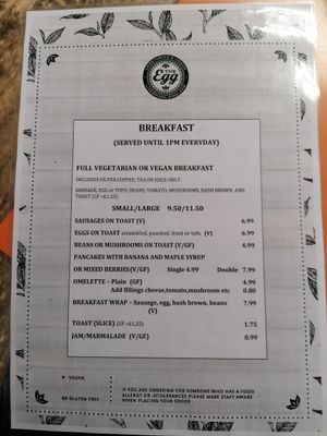Breakfast menu at The Egg Cafe in Liverpool