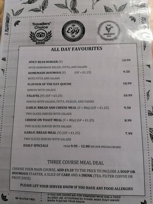 Menu at The Egg Cafe in Liverpool