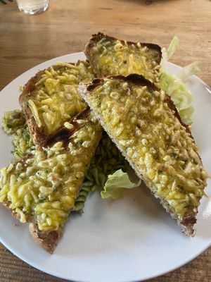 Vegan garlic cheese meal at The Egg Cafe in Liverpool