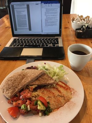 Americano and filling humous salad  at The Egg Cafe in Liverpool