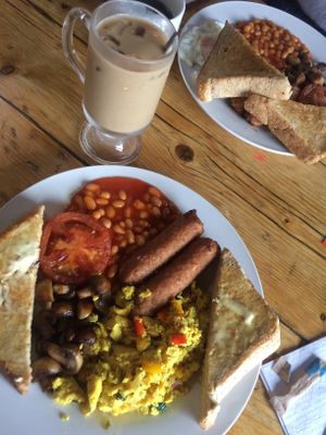 Vegan and vegetarian full English with iced coffee (not on menu)  at The Egg Cafe in Liverpool