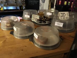 Cakes... all on the higher ledge are vegan   at The Egg Cafe in Liverpool