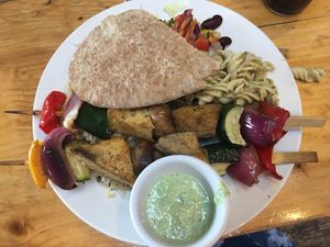 Jerk tofu and veg special with vegan mint yoghurt dip at The Egg Cafe in Liverpool