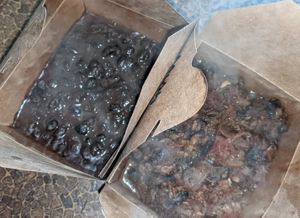 Mexican menu home delivery. Black beans with orange and bay, and smoky chipotle mushrooms. Piping hot - steam in shot! at Blue Moon Cafe in Sheffield