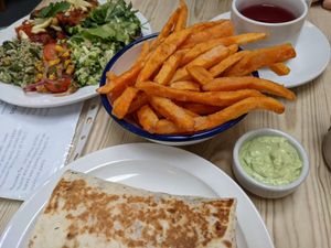 Iman bayildi and salad, bean burrito, sweet potato fries, garlic and parsley mayo, wild berry tea. at Blue Moon Cafe in Sheffield