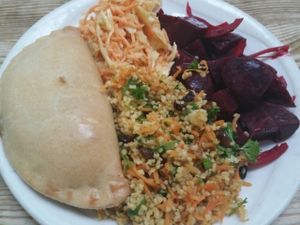 Sheffield pastie and 3 salads at Blue Moon Cafe in Sheffield
