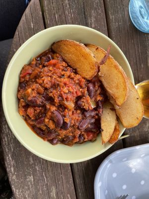Vegan Chilli with wedges  at Cafe Paradiso in Chichester