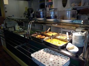 Inside, a good choice of tasy dahl, stuffed potato skins, veggie lasagne, ciabatta pizzas and piles of fresh salads. Yum! at Cafe Paradiso in Chichester