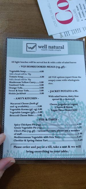 back of cafe menu at Well Natural in Salisbury