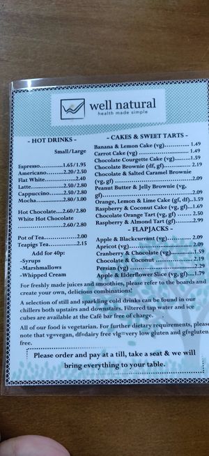 front of cafe menu at Well Natural in Salisbury