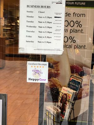 HappyCow decal proudly displayed in the window   at The Health House in Chatham