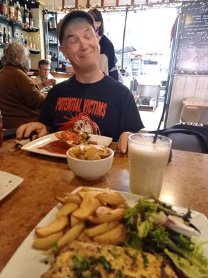 Vegan lasagne and banana oat shake, vegan Greek pie at Herbies in Exeter