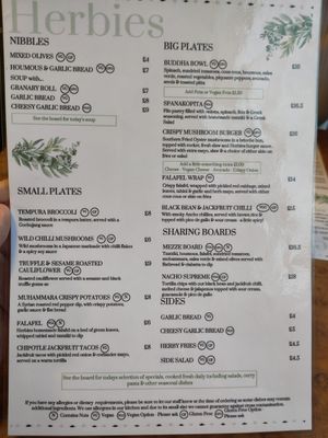 Food menu at Herbies in Exeter