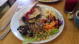 Falalel - roasted chickpea burger in pitta with hummus, 
sweet chilli sauce & salad at Archie Browns Health Food in Penzance