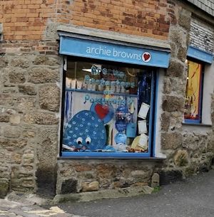 Window display of the shop  at Archie Browns Health Food in Penzance
