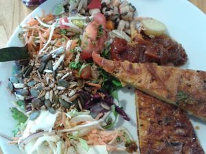 Farinata and salad at Archie Browns Health Food in Penzance