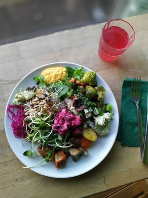 Salad buffet with house kombucha at Silvoplee in Helsinki