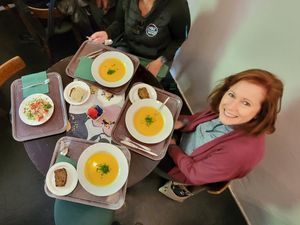 Joy! Carrot & Orange soup to start. at Zucchini Vegetarian Cafe in Helsinki