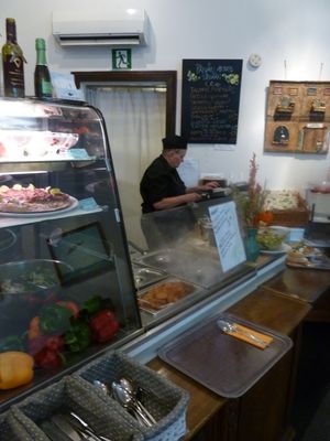 The counter where the buffet is served at Zucchini Vegetarian Cafe in Helsinki