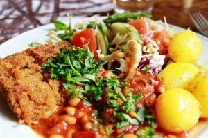 daily plate - sour cabbage and carrot patties at Zucchini Vegetarian Cafe in Helsinki
