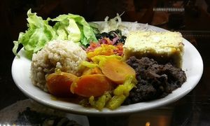 Big macrobiotic plate, all balance, organic, brown rice, vegeteble proteine paté, 
Vegan, cooked with osmose inverded filtered water at Grand Appetit in Paris