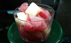 Fresh organic fruit salad: melon from Provence and mini watermelon at Grand Appetit in Paris