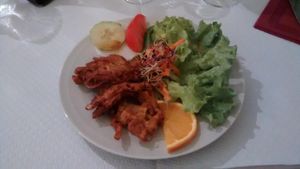 Starter: salad and onion bhajis at Manger Autrement in Toulouse