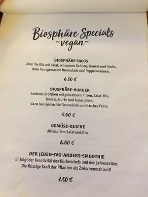 Speisekarte  at Biosphaere in Berlin