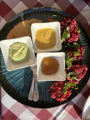 Red beet patties (forgot the name) with delicious dipping sauces   at Tassajara in Hamburg