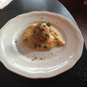 Amuse-geule: Bread dumpling on mustard sauce at Hiller in Hannover